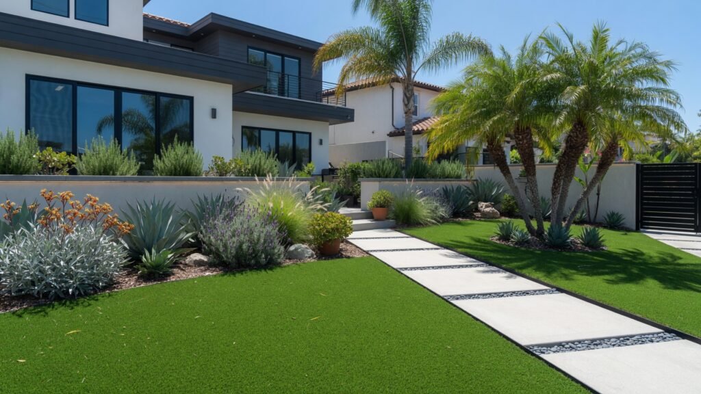 Modern San Diego home with synthetic grass lawn and landscaped yard