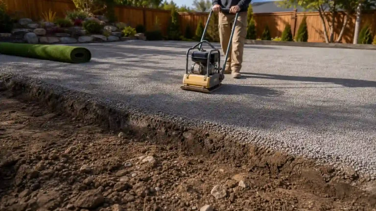 Installer running a plate compactor over crushed stone base with a rolled turf piece nearby, showing proper base prep before installation.