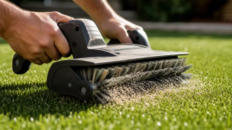 Close-up of hands power brushing artificial grass fibers and working silica sand infill into the turf during the settling stage after installation.