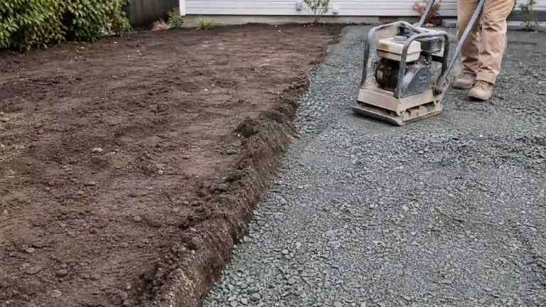 Worker running a plate compactor over gravel base next to excavated soil, preparing the ground for artificial grass installation.