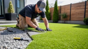Professional installer preventing artificial grass installation mistakes by securing a seam on crushed stone base in a San Diego backyard.