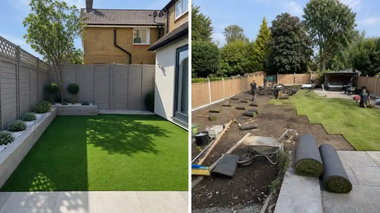 Split image comparing a small finished backyard with artificial grass to a large backyard mid-installation with turf rolls and a crew working.