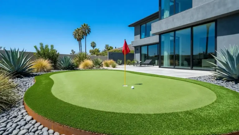 Artificial grass mini putting green in a San Diego backyard