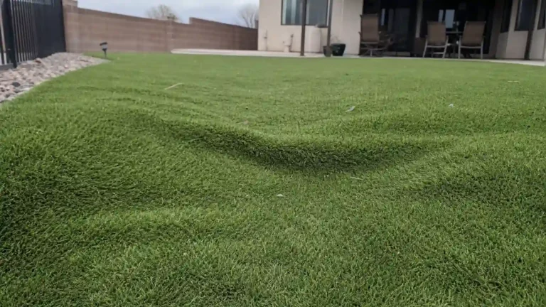 Backyard artificial turf with a visible sunken ridge, a settling problem that shows what happens if you skip proper grass removal.