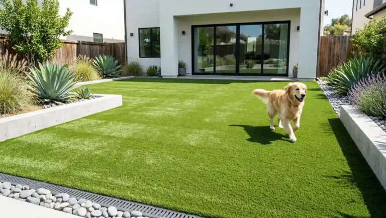 Dog playing on artificial grass in a residential backyard