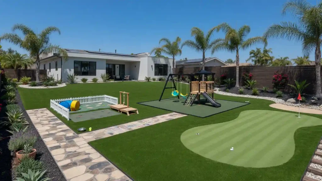 Artificial grass backyard with playground and putting green in San Diego