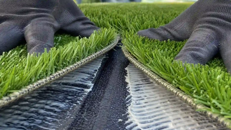 Gloved hands press two artificial grass edges together over seam tape and adhesive, a step that prevents visible seams later on.