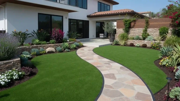 Stone pathway surrounded by artificial grass and landscaping