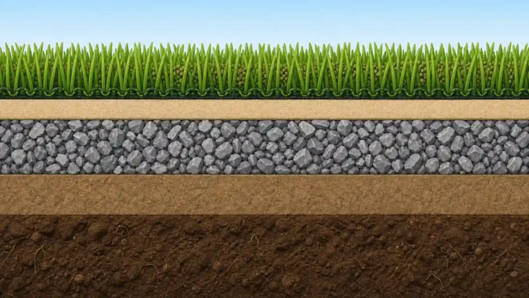Cross-section diagram of artificial grass layers: turf, infill, sand, crushed rock sub-base, subgrade, and native soil underneath.