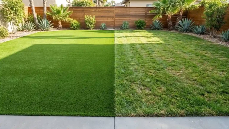 Artificial turf and natural grass compared side by side in a backyard