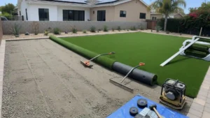Prepared base for artificial grass installation in a backyard