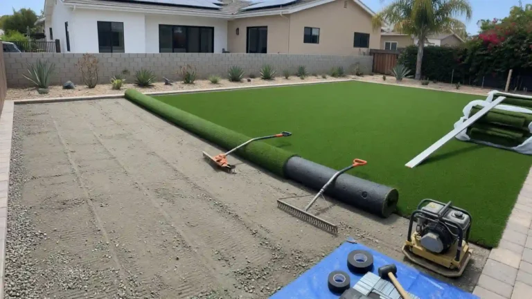 Prepared base for artificial grass installation in a backyard