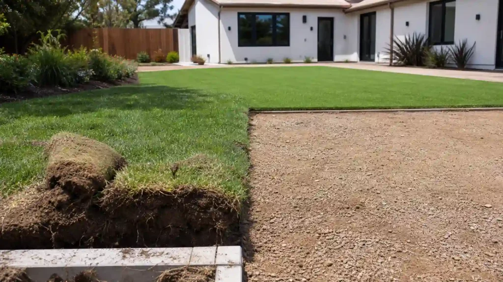 Backyard prep showing removed grass sod, gravel base, and new turf, answering can you install artificial grass over existing grass correctly.