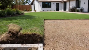 Backyard prep showing removed grass sod, gravel base, and new turf, answering can you install artificial grass over existing grass correctly.