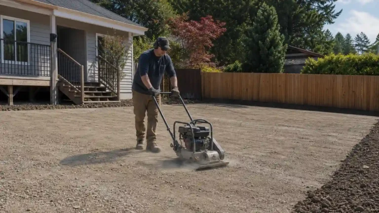 A worker runs a gas-powered plate compactor over a graded backyard to compact the sub-base before installing artificial grass.