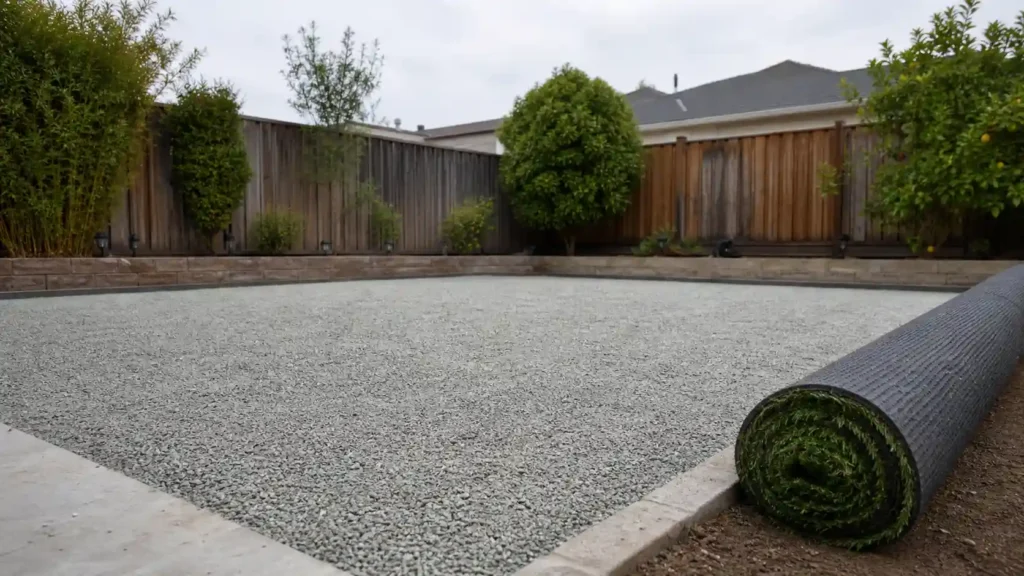 Compacted crushed rock sub-base ready for artificial grass installation. Do you need a sub base for artificial grass? This yard shows why.