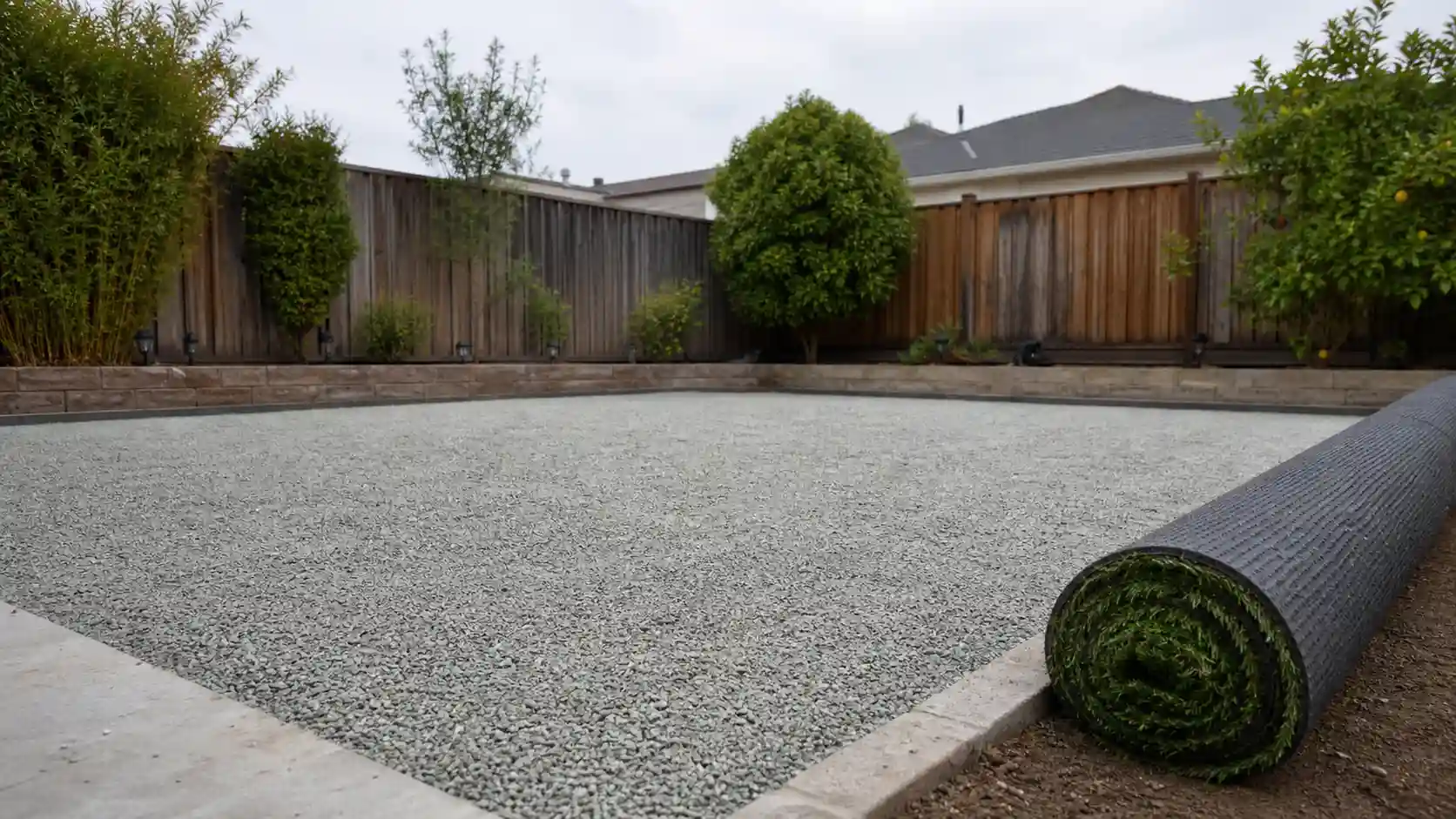 Compacted crushed rock sub-base ready for artificial grass installation. Do you need a sub base for artificial grass? This yard shows why.