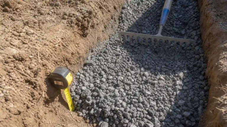 Excavated trench filled with crushed rock sub-base, a rake, and a tape measure showing the correct excavation depth for artificial grass.