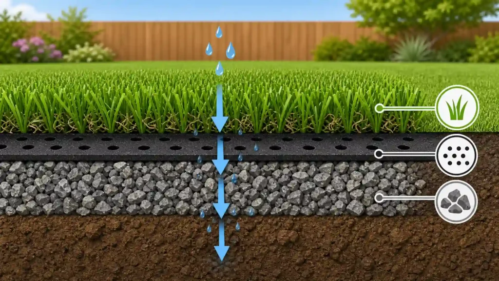 Cross-section showing how does artificial turf drain water through the backing, base and soil, with arrows tracking water flow
