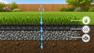 Cross-section showing how does artificial turf drain water through the backing, base and soil, with arrows tracking water flow