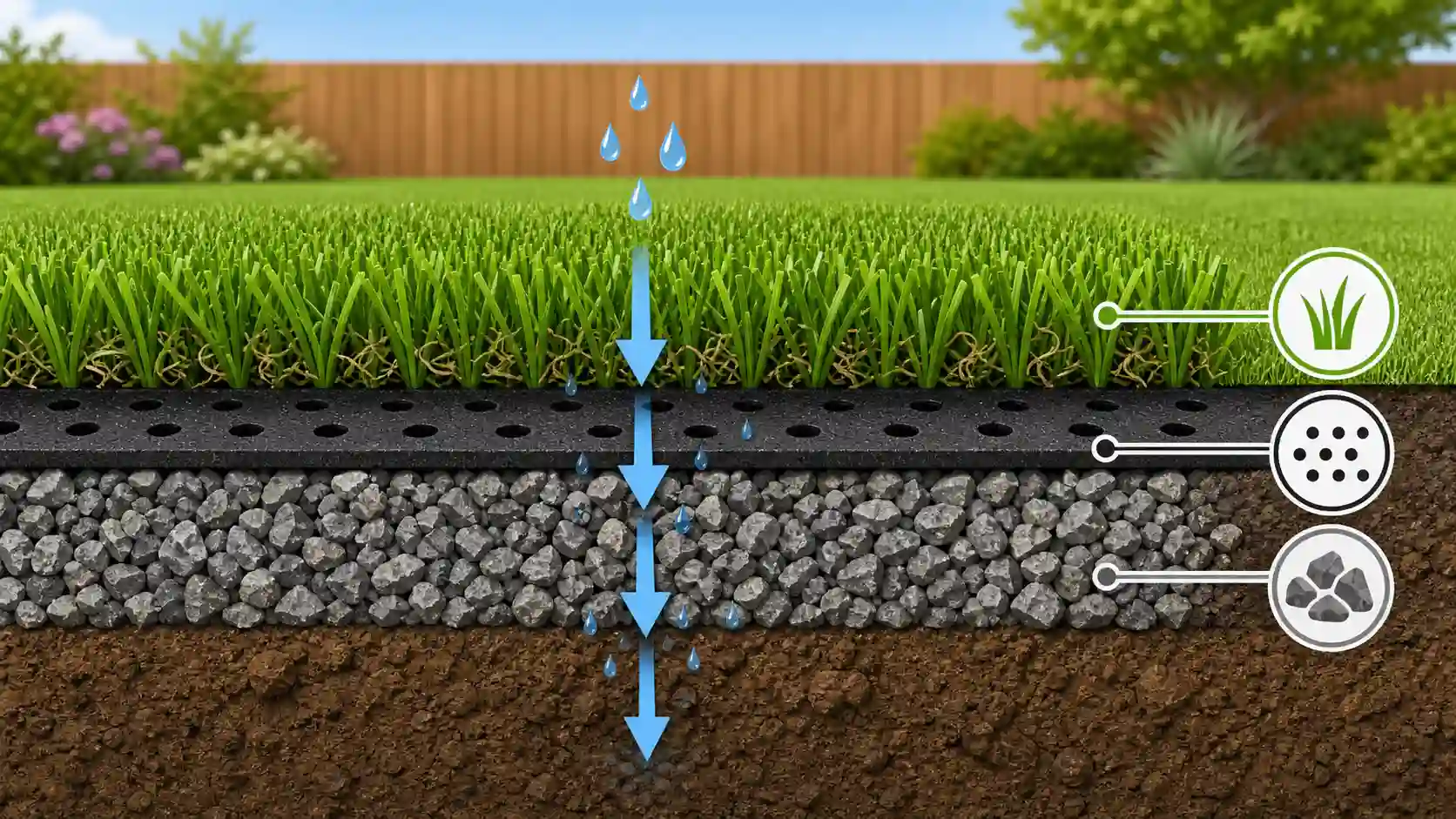 Cross-section showing how does artificial turf drain water through the backing, base and soil, with arrows tracking water flow