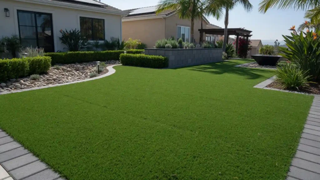How Long Does Artificial Turf Last? Residential artificial turf lawn in a San Diego backyard