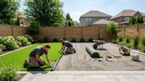 Two installers laying artificial turf over a prepped base, showing how long does it take to install artificial grass on a real backyard project.