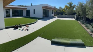 Artificial grass being installed over a concrete backyard patio