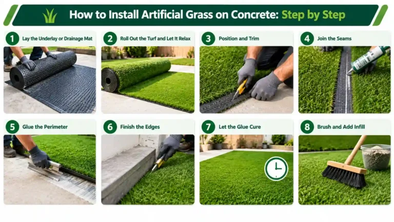 How to install artificial grass on concrete with eight clear steps, from laying the drainage mat to trimming, gluing, curing, and adding infill.