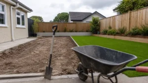 Backyard showing how to prepare the ground for artificial grass, with excavated soil, a shovel, and a wheelbarrow beside finished green turf.