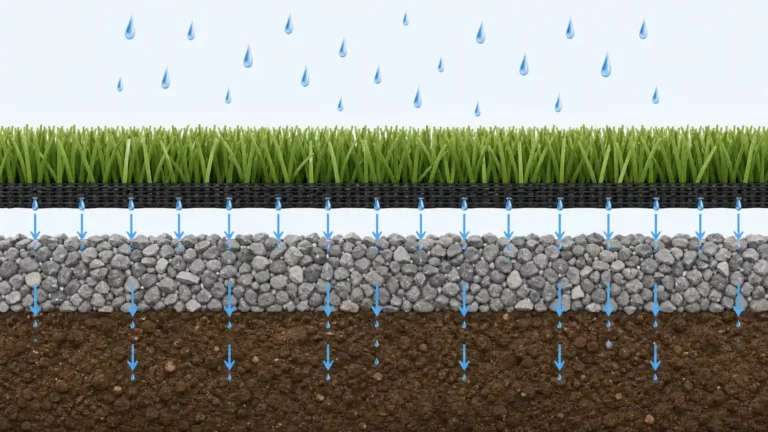 Illustration showing how water moves through artificial turf, from rain on the surface, through the perforated backing and gravel base, into the soil