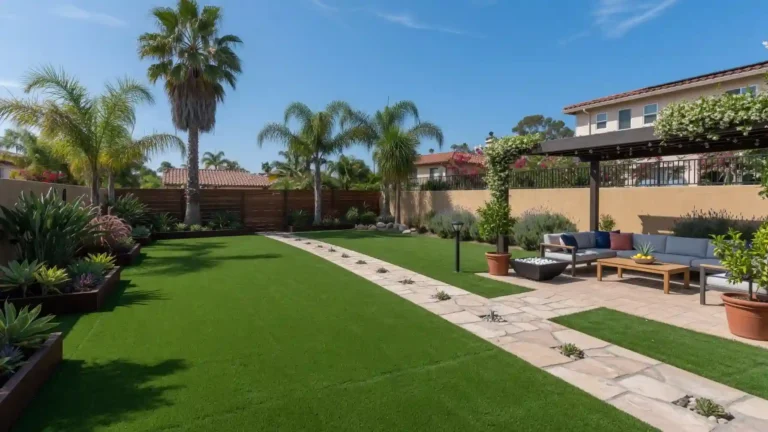 Artificial grass backyard with stone pathways and outdoor seating
