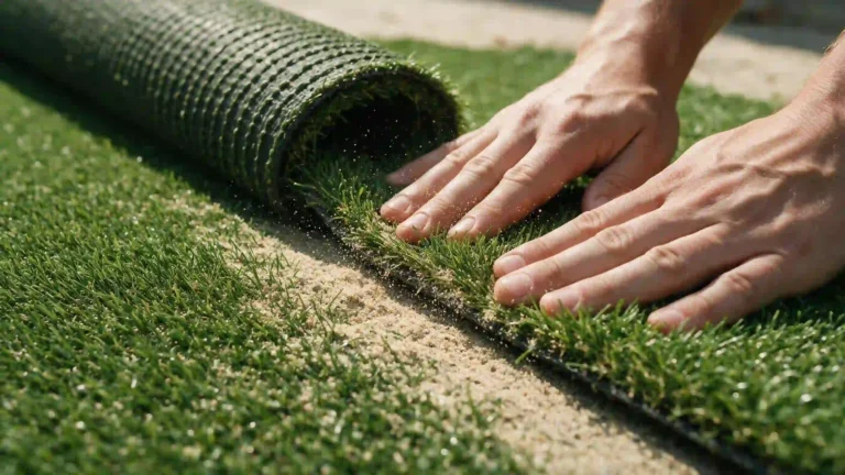 Hands pressing down the edge of an artificial grass roll at a seam with infill sand, part of joining turf rolls together during installation.