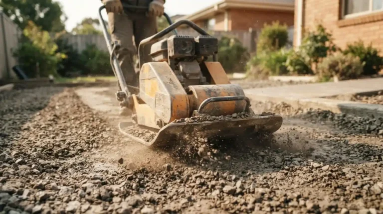 Vibratory plate compactor running over crushed rock in a backyard, compacting the sub-base layer before artificial turf installation.