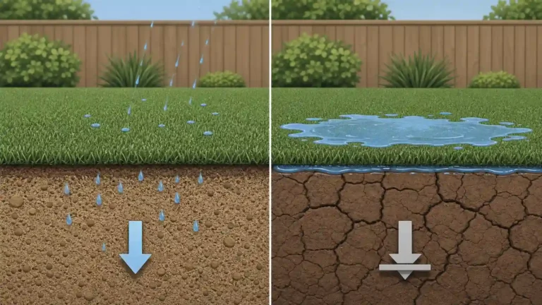 Split image comparing turf on sandy soil with fast drainage versus turf on clay soil, where poor-draining soil causes standing water