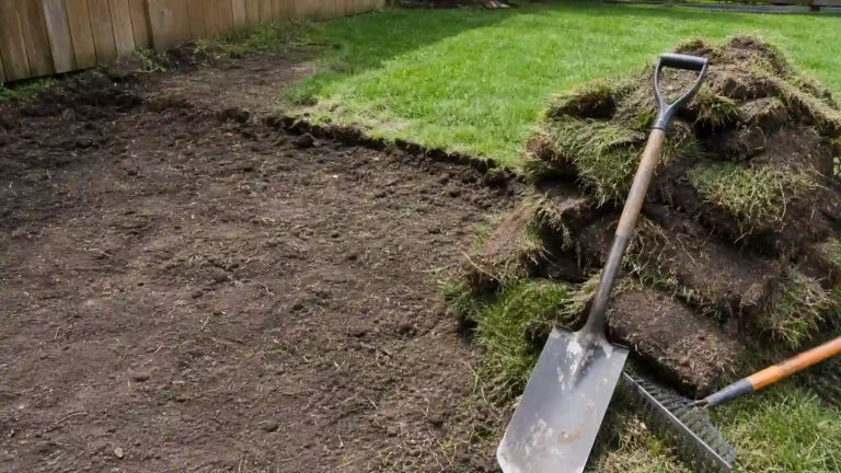 Bare soil after grass removal with a shovel, rake, and stacked sod, showing why you remove grass before installing artificial turf.