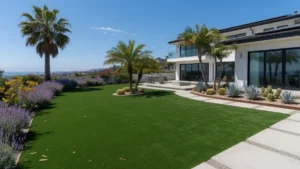 Synthetic turf lawn in a San Diego residential landscape