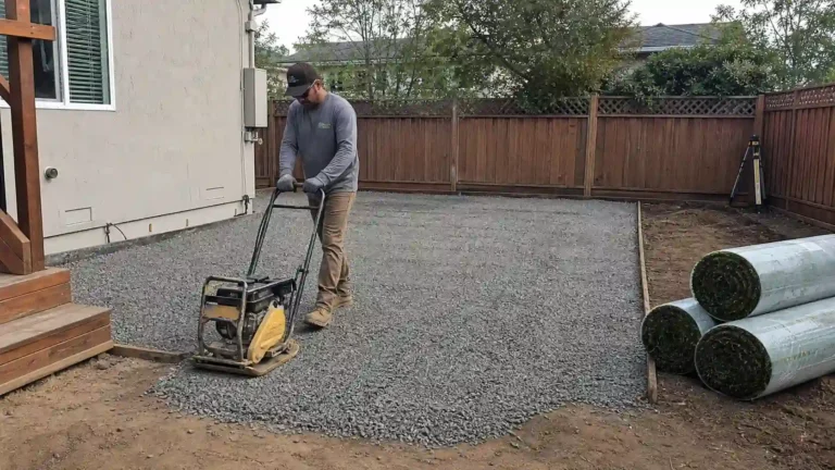 Worker using a plate compactor on a gravel base in a backyard, with turf rolls waiting nearby before the artificial turf goes down