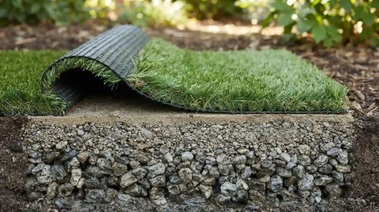 Cross-section of artificial turf peeled back to show the compacted crushed rock base layer, the foundation of proper base preparation.