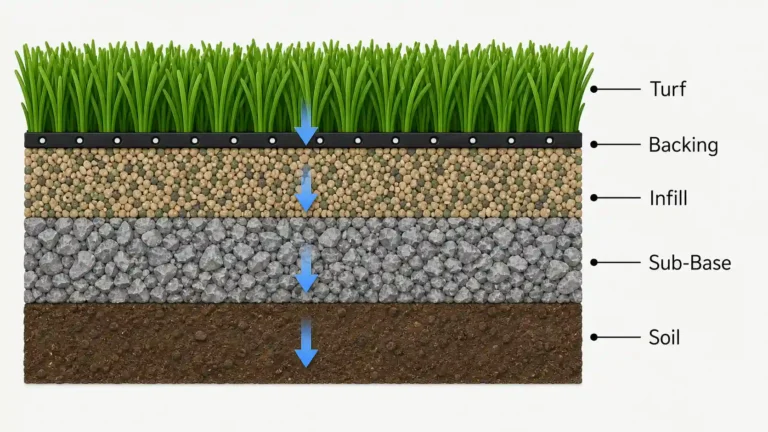 Cross-section diagram of artificial turf drainage layers showing turf, backing, infill, sub-base, and soil with water flow arrows.