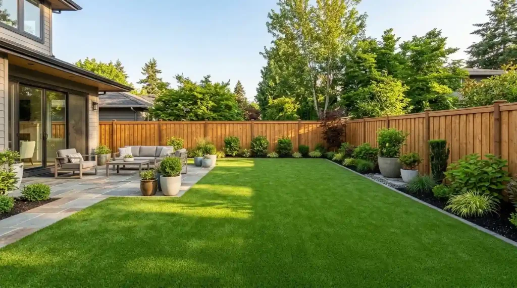 Benefits of Artificial Turf for a Residential Backyard shown in a modern yard with a stone patio, seating area, and lush green lawn