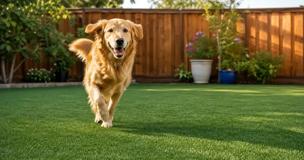 Can dogs damage artificial turf? A happy golden retriever runs across a green artificial turf lawn in a backyard with a wooden fence