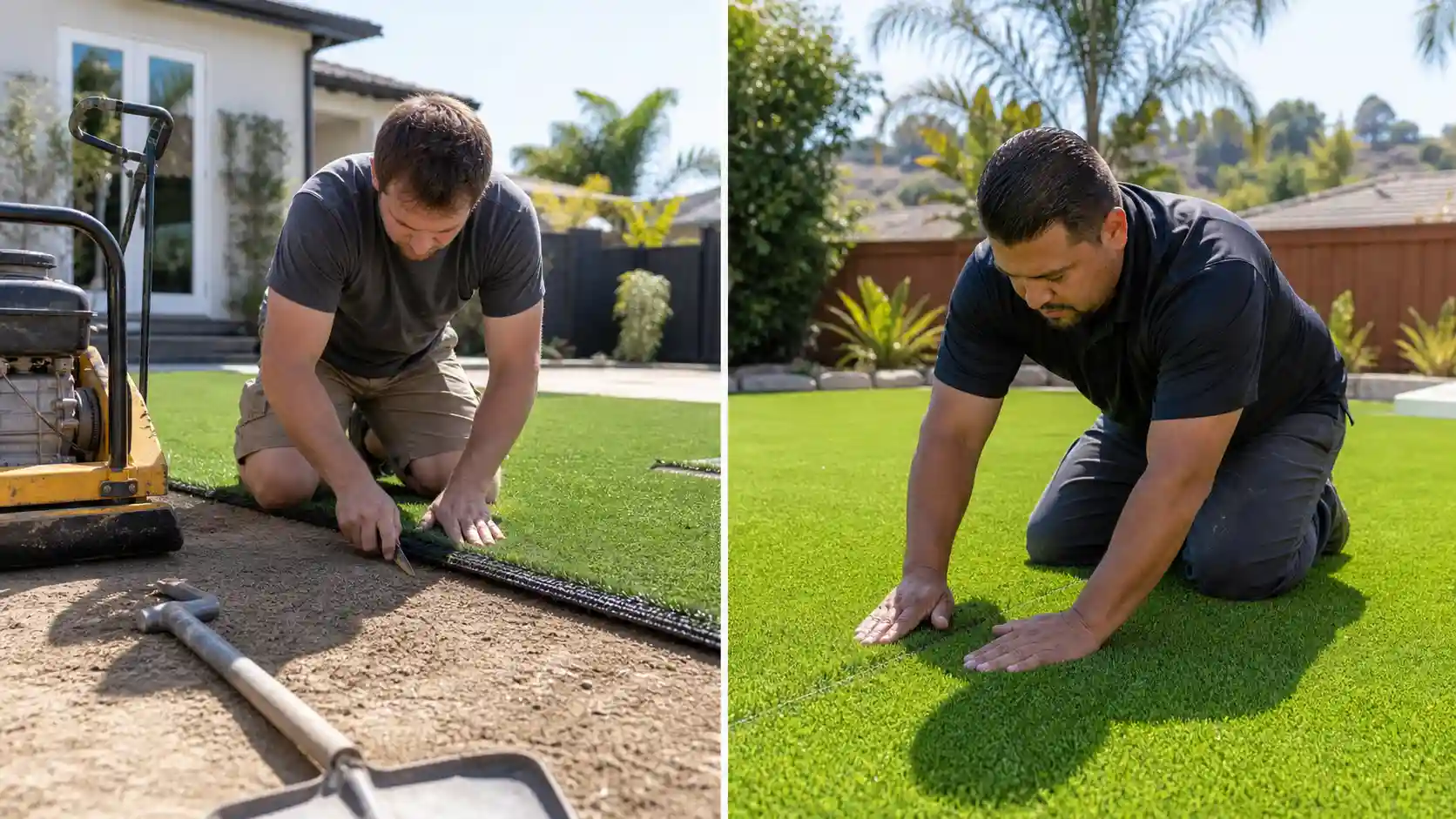 Split-screen photo comparing DIY and professional work, showing can you install artificial grass yourself with real backyard examples.
