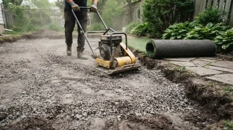 A DIY installer uses a plate compactor on gravel base material, with a rolled artificial turf roll waiting nearby in the yard.