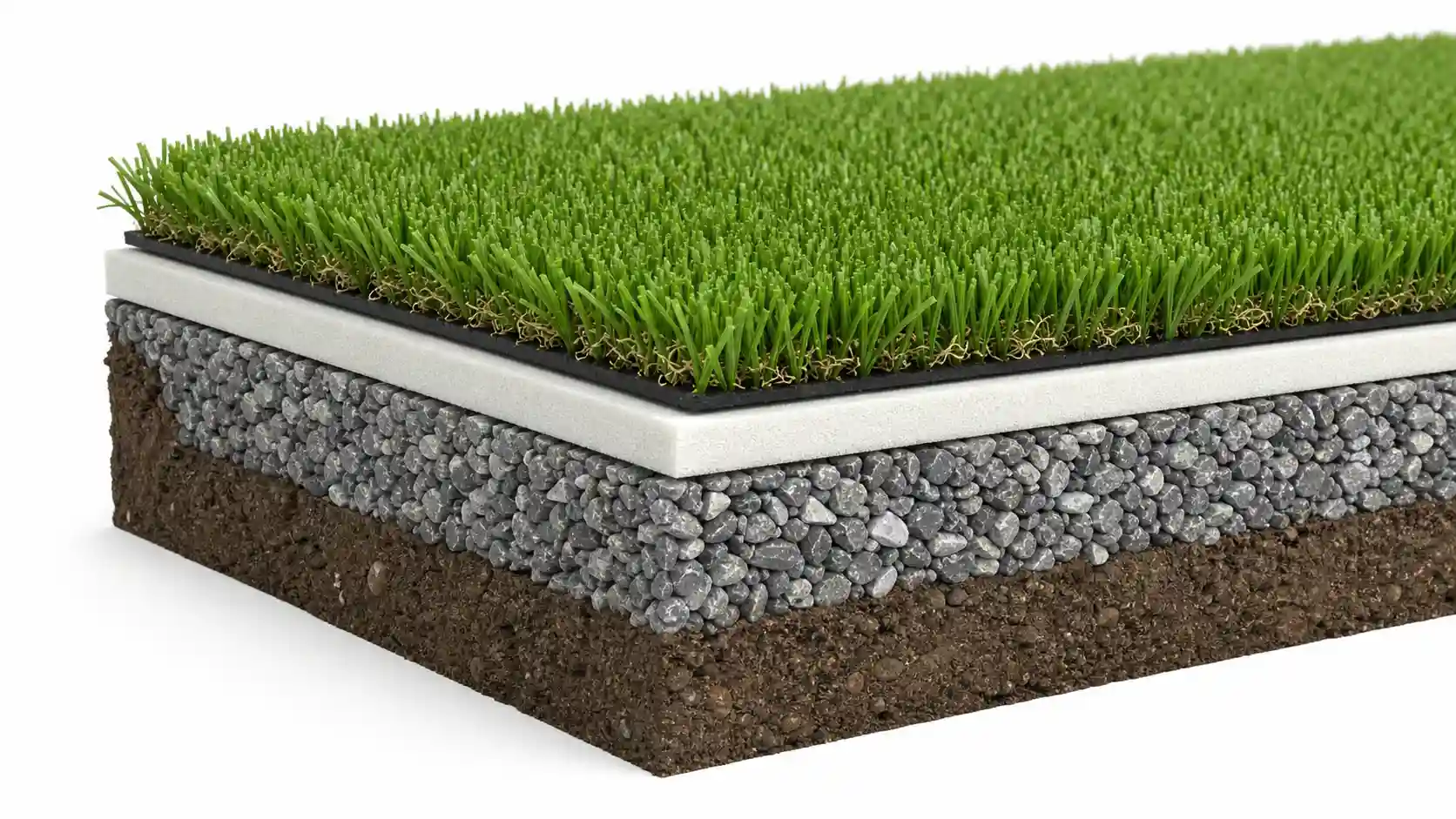 Does Artificial Grass Need an Underlay? Cutaway diagram showing soil, gravel base, foam underlay, and turf layers in a proper installation.
