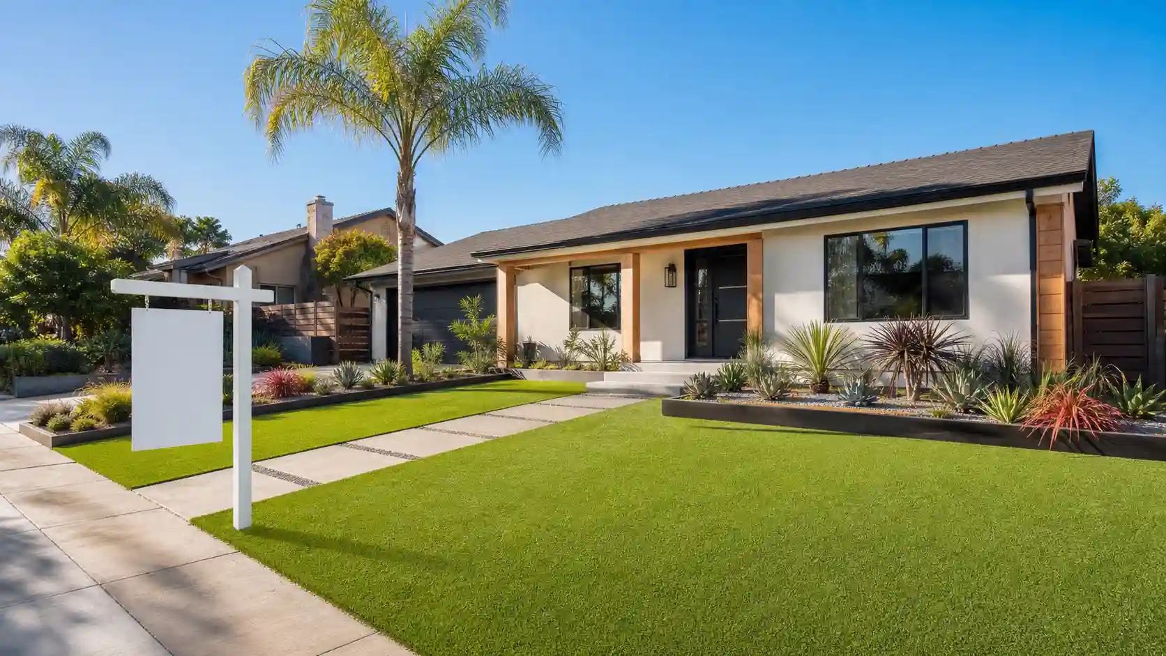Does artificial turf increase home value? A San Diego County home with a green artificial turf front yard, a palm tree, and a real estate sign.