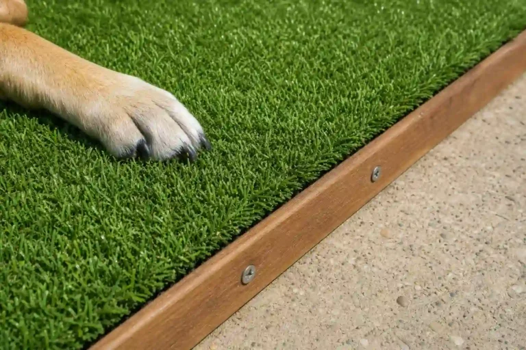 Dog friendly artificial grass with a secure wooden edge border and screws, while a dog's paw rests on the turf beside a concrete path