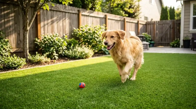 Golden retriever running and playing with a red and blue ball on lush green artificial turf in a fenced residential backyard