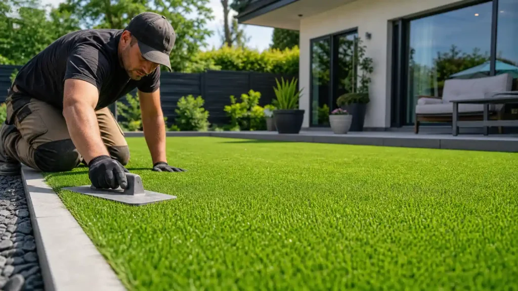 Installer smoothing turf edges in a backyard, a real look at how much does it cost to install artificial turf for a professional job