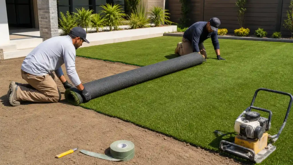 How to Choose the Right Artificial Turf Installer: two crew members rolling out artificial turf over a prepared soil base in a backyard.